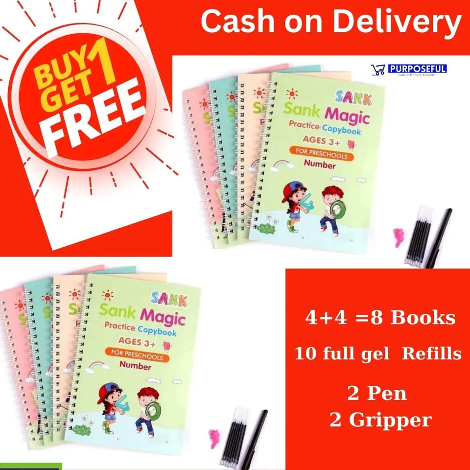 8 books combo | kids Writing Improve Kit | 4 Magic Books +4 Magic Water Drawing  Set with Pen , Gripper and  Refills