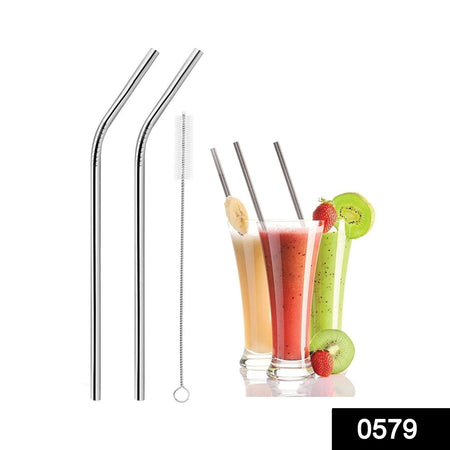 0579 Set of 4 Stainless Steel Straws & Brush (2 Straight straws, 2 Bent straws, 1 Brush) - 