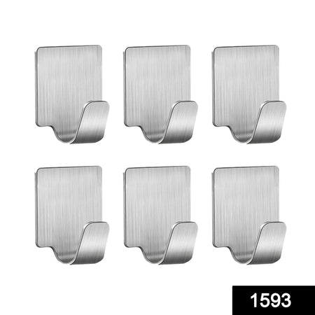 1593 Multipurpose Small Rectangular Stainless Steel Adhesive Hooks (Set of 6) - 