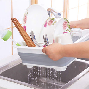 0804 Collapsible Folding Silicone Dish Drying Drainer Rack with Spoon Fork Knife Storage Holder - 